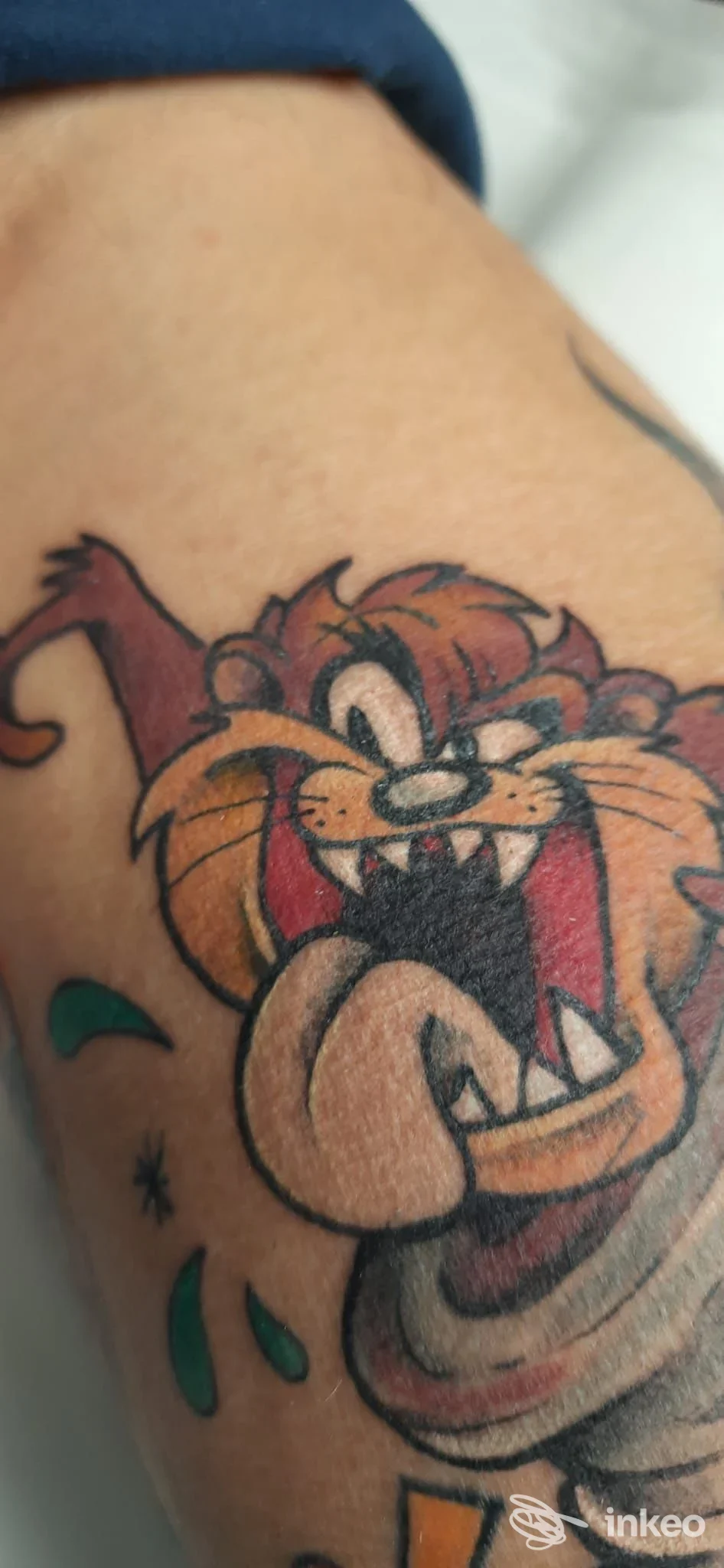 Tattoo colorato di Taz sul braccio, contorno nero e riempimento colorato. Studio The Factory Tattoo Studio – Samink.
