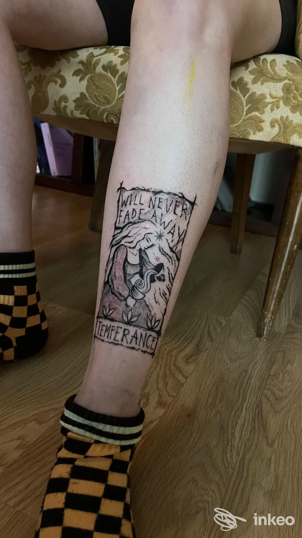 Tatuaggio su polpaccio raffigurante illustrazione in cornice rettangolare con testo; foto presa in ambiente con pavimento di legno e poltrona.