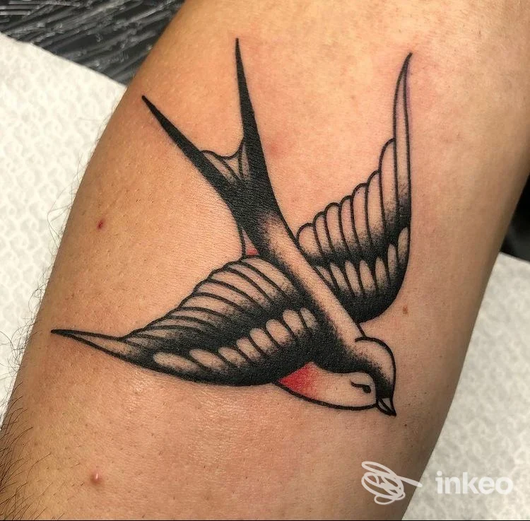 Rondine nera in stile linework tatuata sull'avambraccio, con linee nette e sfumature, senza testo né elementi promozionali visibili