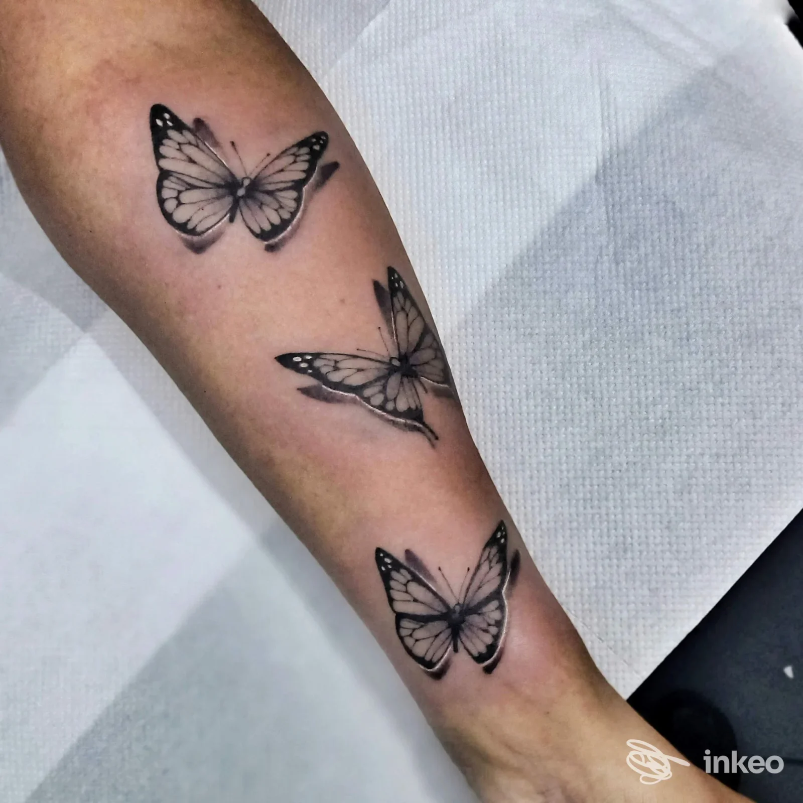Tre farfalle in tonalità nere tatuate sull’avambraccio, tre soggetti distinti lungo la pelle, senza volto visibile.