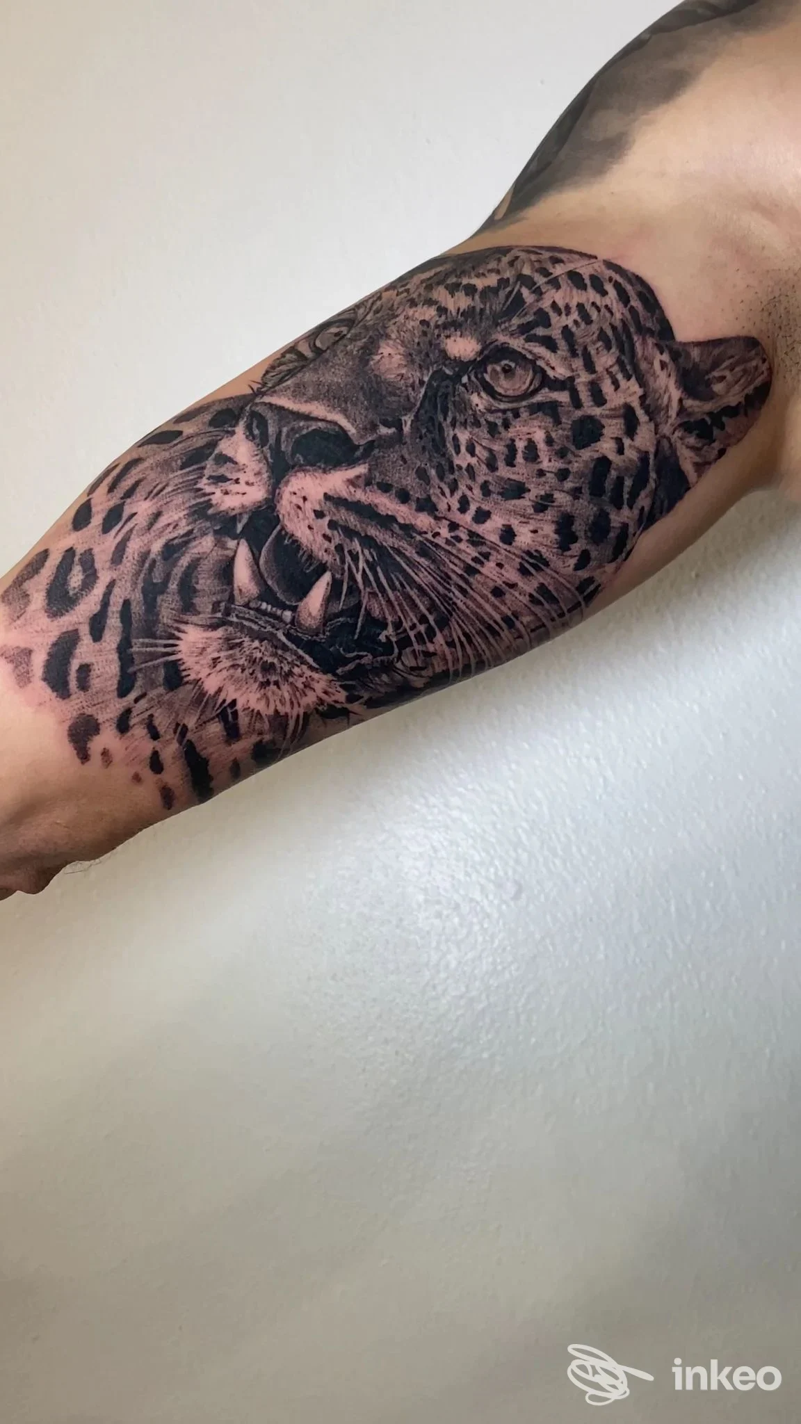 Tatuaggio realistico di leopardo sull’avambraccio, tonalità scure e dettagli anatomici, visibile una porzione della pelle.