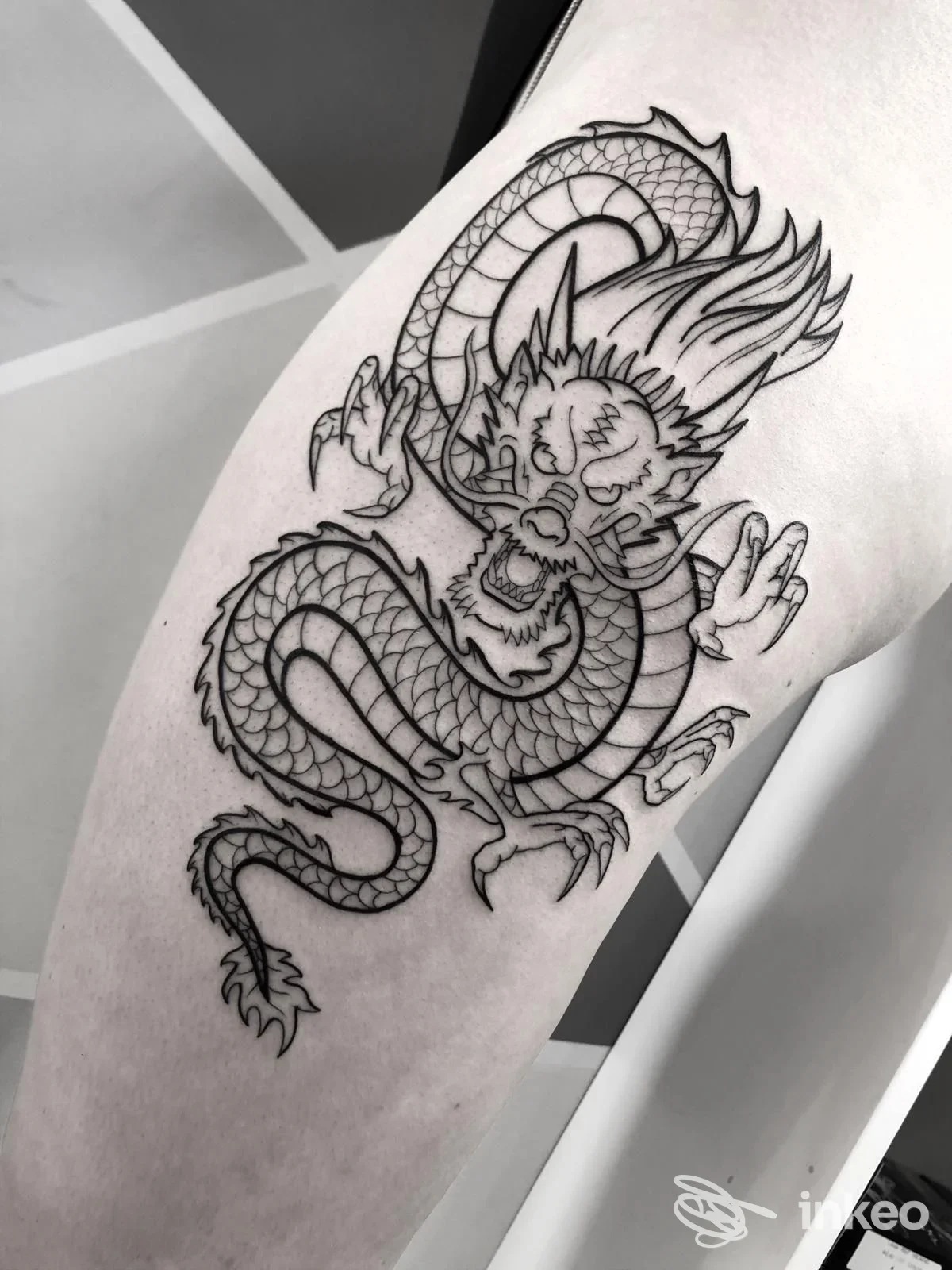 Drago stilizzato in tattoo nero su pelle, disegno a linea sull’avambraccio sinistro, senza colori, in stile tradizionale, illuminazione uniforme.