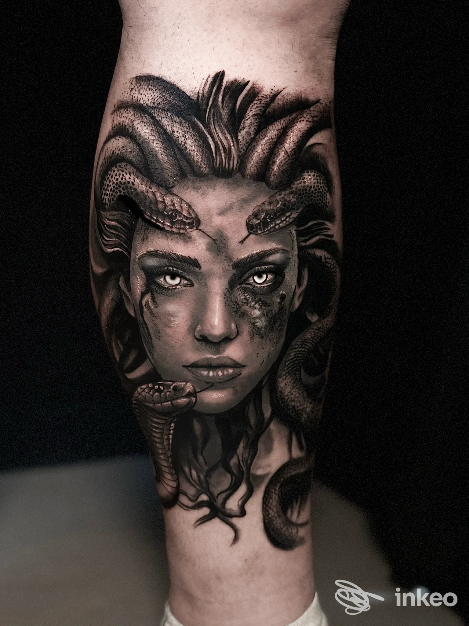 Tatuaggio realistico sul polpaccio raffigurante volto femminile avvolto da serpenti, realizzato da Cindy Tattoo.