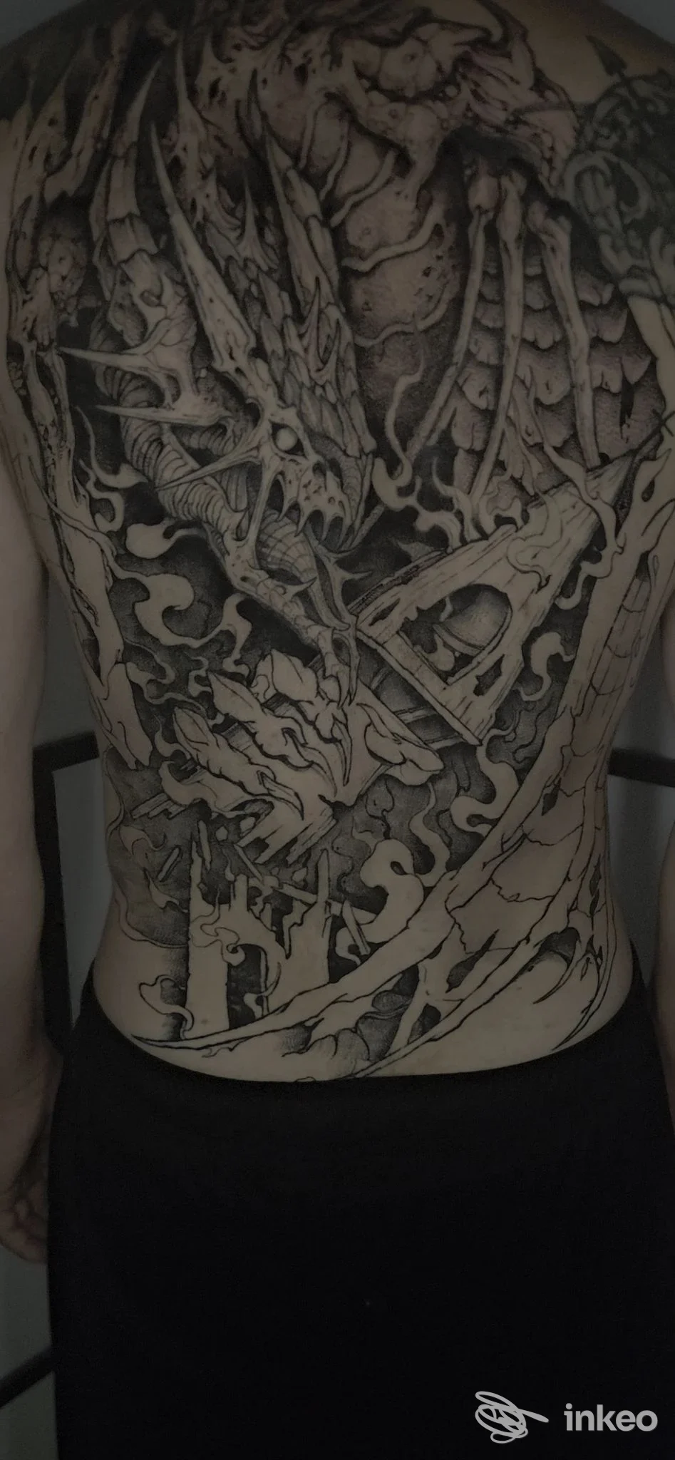 Tattoo esteso sulla schiena in bianco e nero, motivi intricati e dettagli definiti, senza volto visibile.