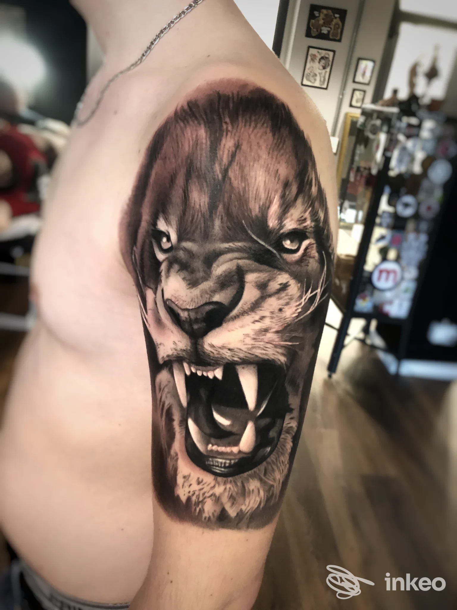 Tatuaggio realistico di leone sul bicipite, con espressione feroce e zanne, realizzato sulla pelle di una persona in studio.